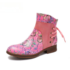 Socofy Vicconfy Retro Leather Blossom Casual Comfort Ankle Boots