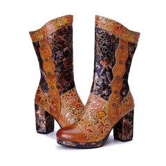 Socofy Winter Vintage Print Heeled Boots