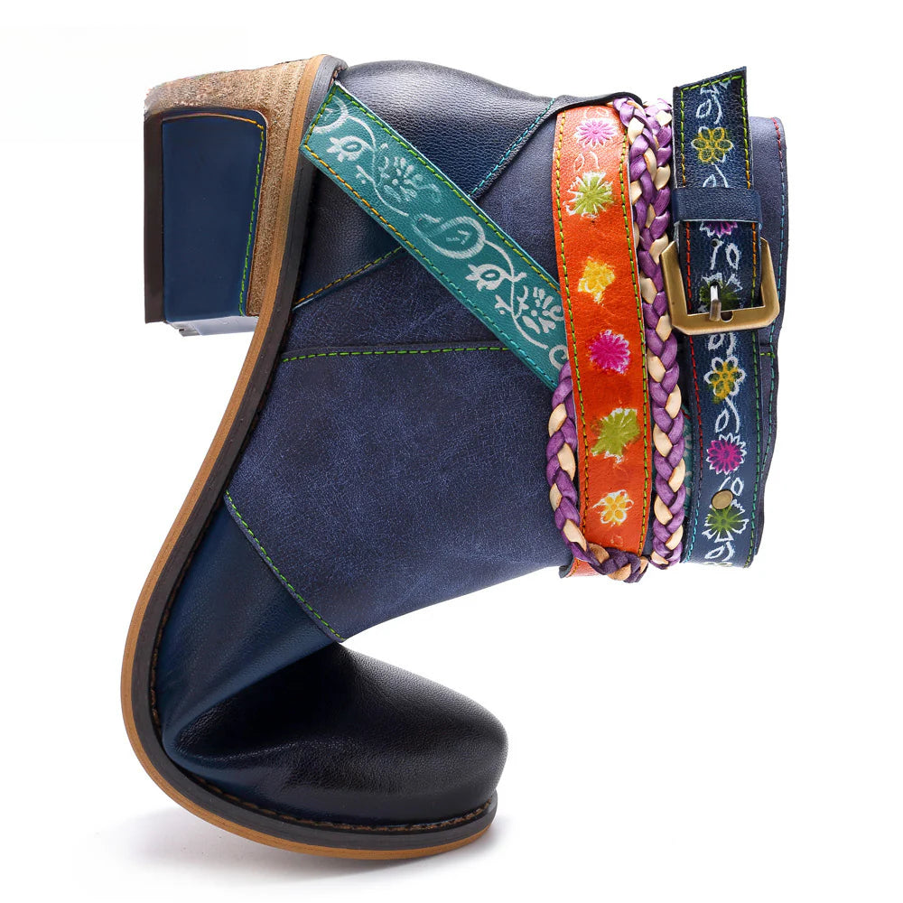 Socofy Vicconfy Genuine Leather Braided Strap Cowboy Style Women's Boots