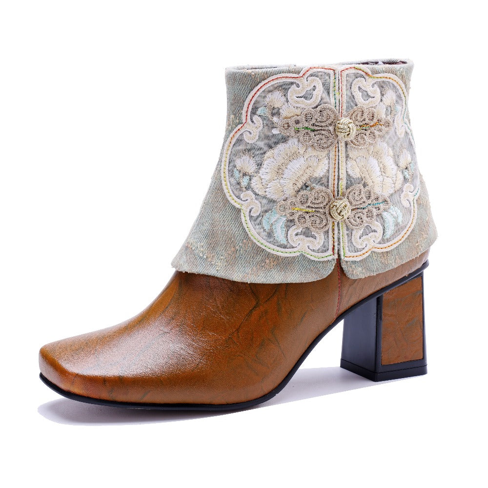 Socofy Timeless Handmade Leather Heeled Short Boots