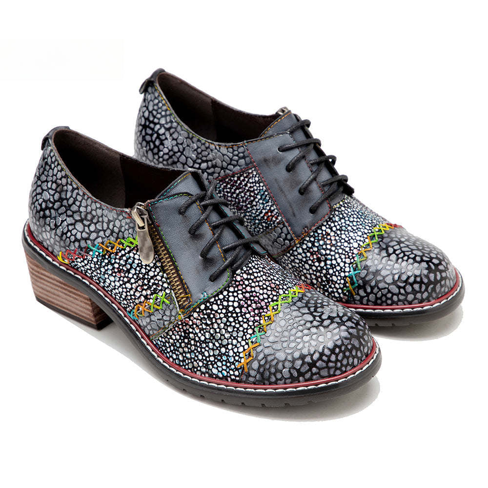 Socofy spring leather zipper Deco Chunky Heels women's shoes