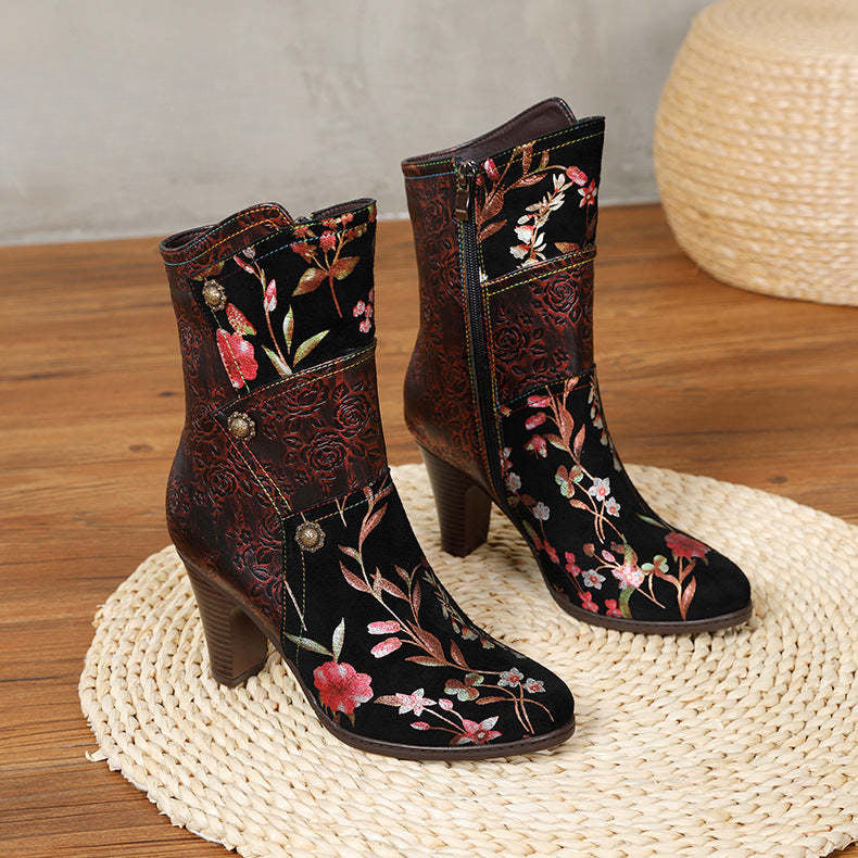 Socofy Vicconfy Court Leather Vintage Handmade High Heel Women's Boots