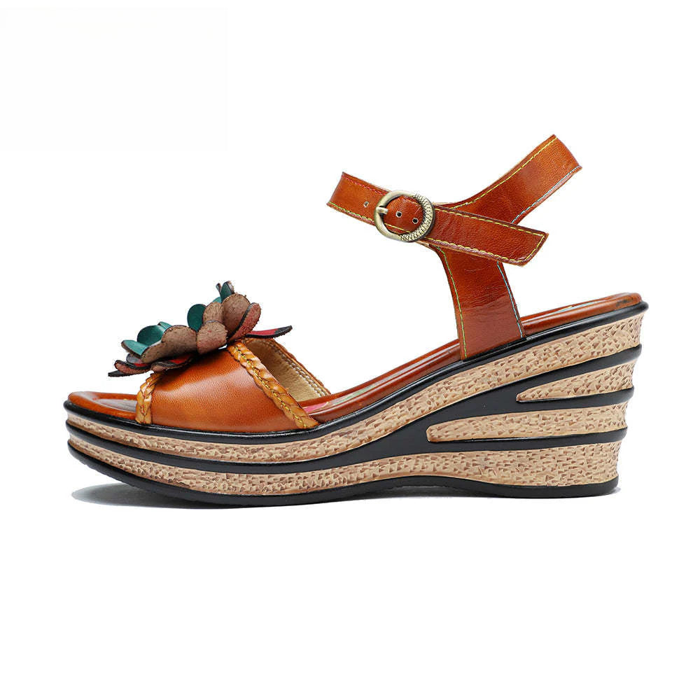 Socofy summer on leather retro three-dimensional flowers casual comfortable sloping sandals