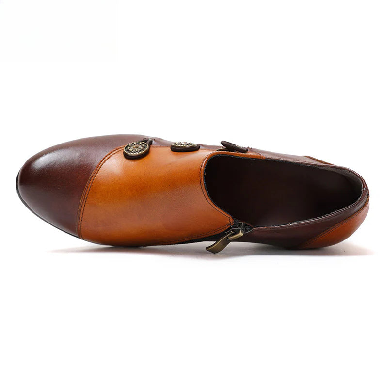 Socofy Vicconfy Genuine Leather Ethnic Style Handmade Vintage Literary Buckle Heels