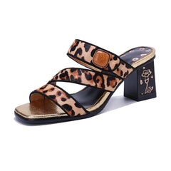 Socofy Vicconfy Leopard Print High Heeled Sandals Slippers