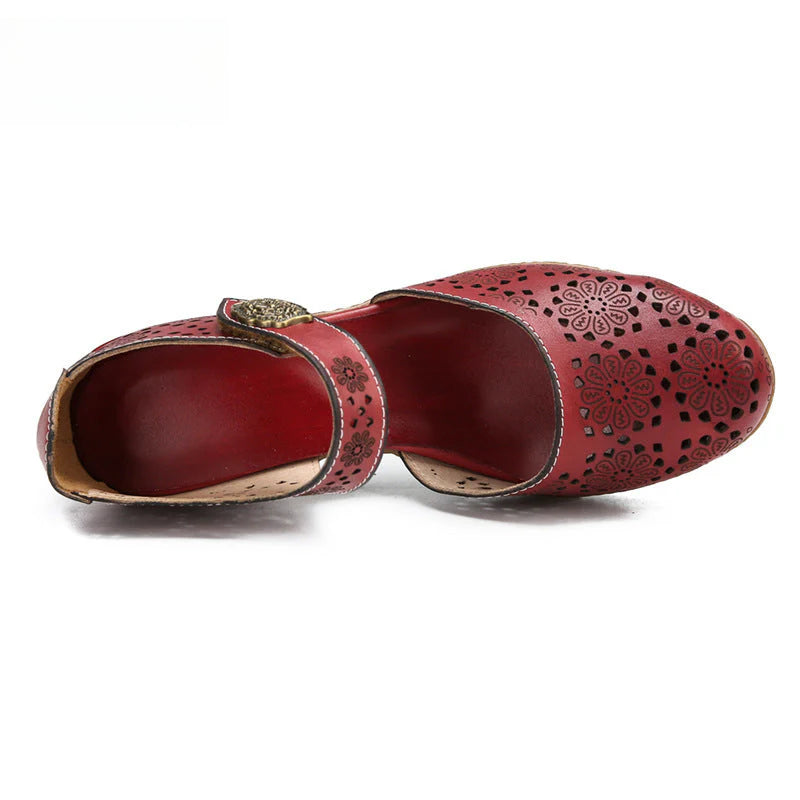 Socofy Genuine leather romantic three-dimensional flowers hollowed out sandals