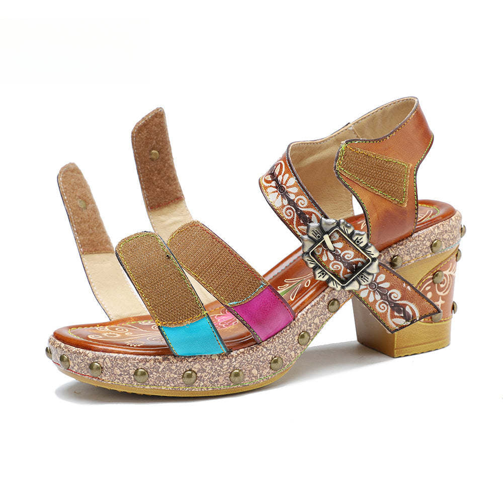 Socofy Summer Leather Retro Rivet Clash Colour High Heeled Sandals