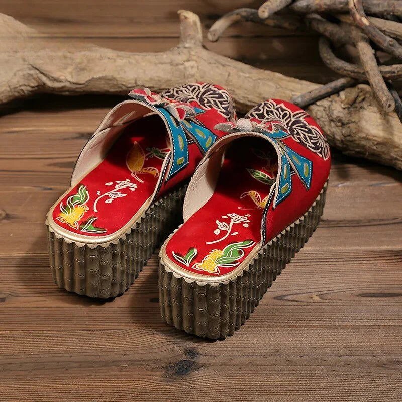 Socofy Genuine Leather Hand-painted Flower Summer Platform Slippers