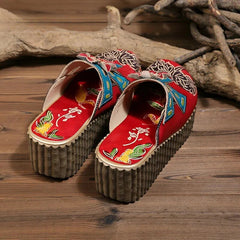 Socofy Genuine Leather Hand-painted Flower Summer Platform Slippers