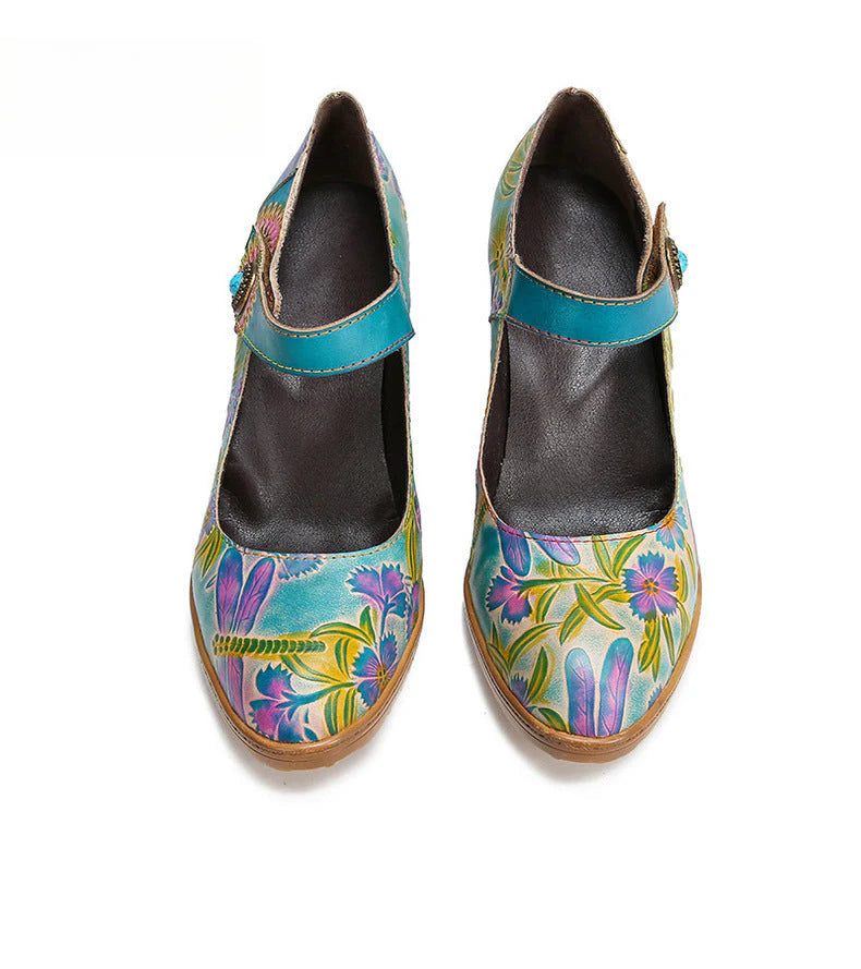 Socofy Vicconfy Floral Handmade Velcro Single Shoes High Heels