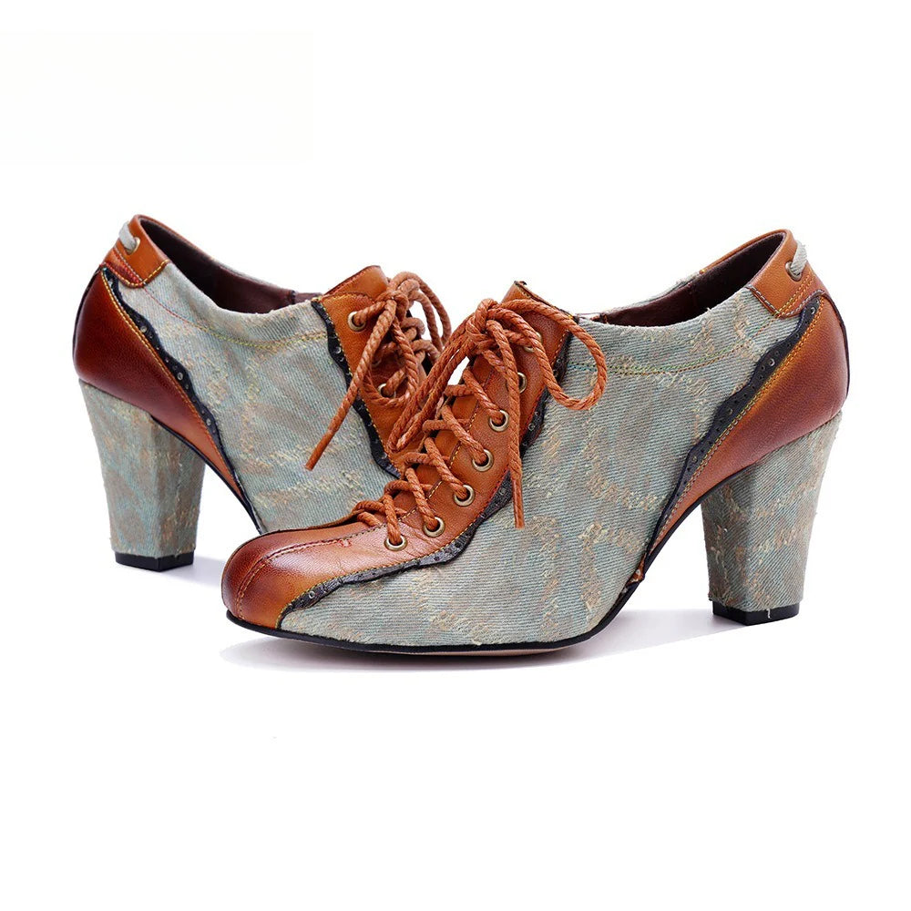 Socofy Genuine Leather Retro Fashion Lace Up Heels pumps