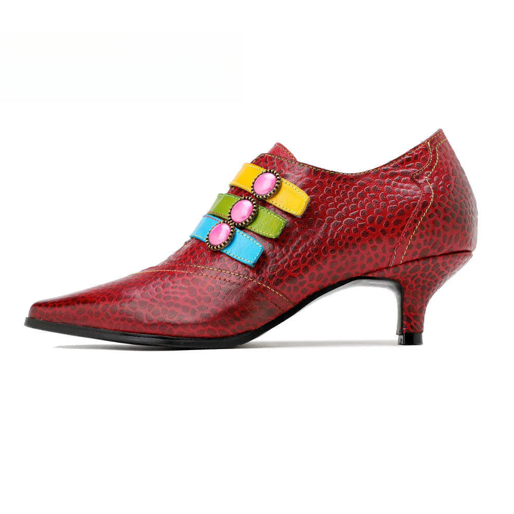 Socofy Red Leather Vintage Buckle High Heels Women's Shoes