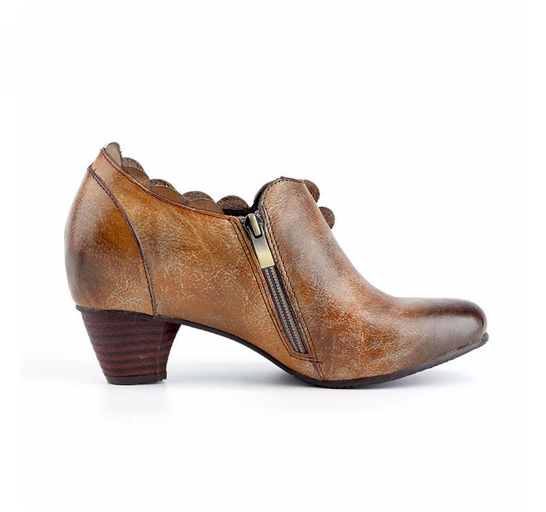 Socofy Genuine Leather Handmade Vintage Fashion Side Zipper High Heels Women's Shoes