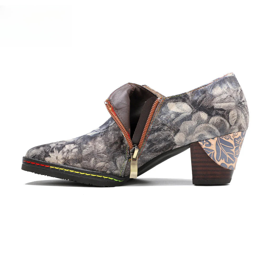 Socofy  Vicconfy Genuine Leather Vintage Style Water Print High Heeled Single Shoes
