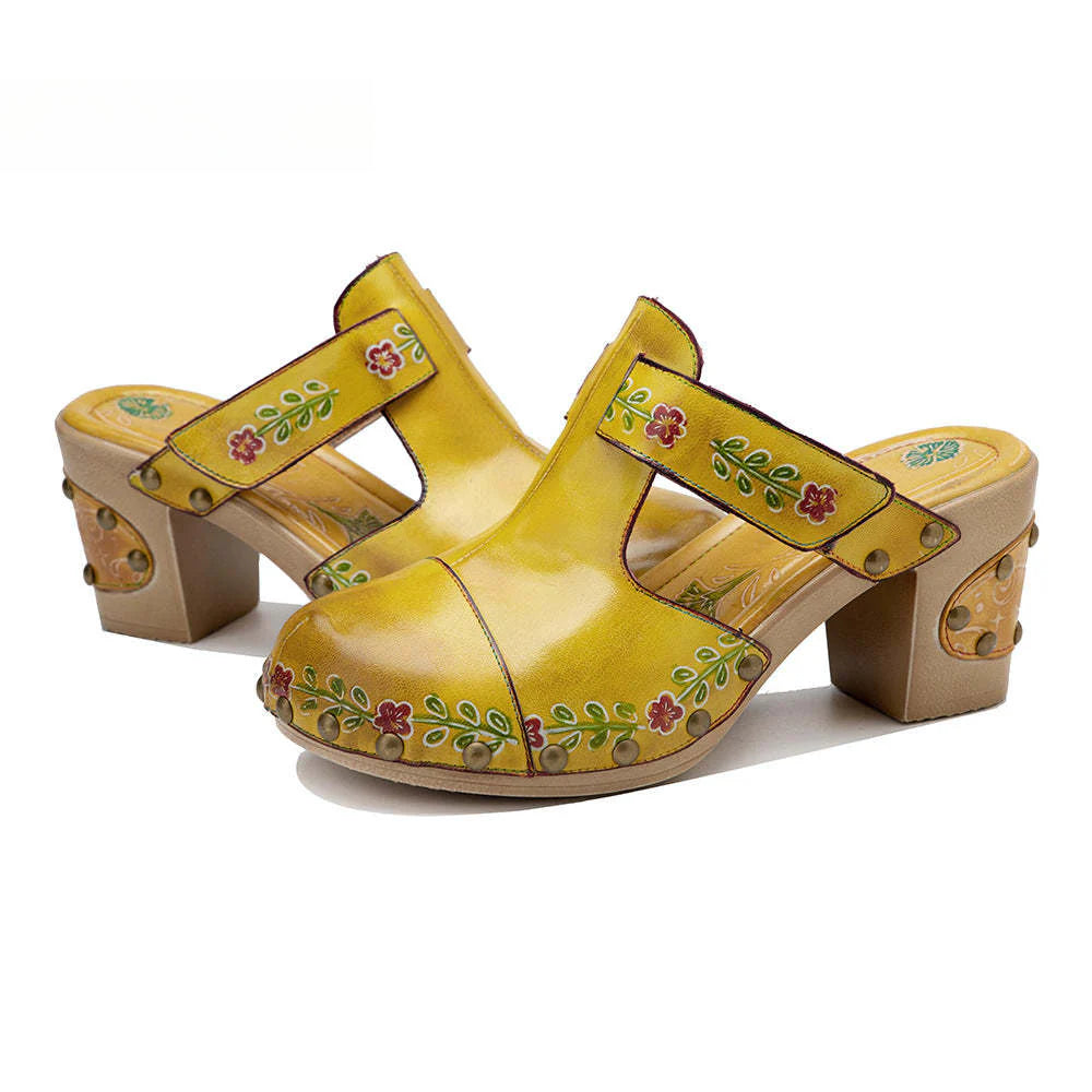 Socofy Spring and summer new spot genuine leather retro floral Baotou comfortable thick heel clogs and sandals