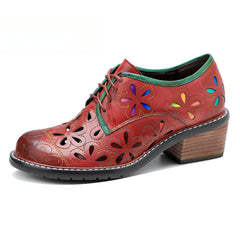 Socofy New style genuine leather retro contrasting hollow lace-up women's shoes