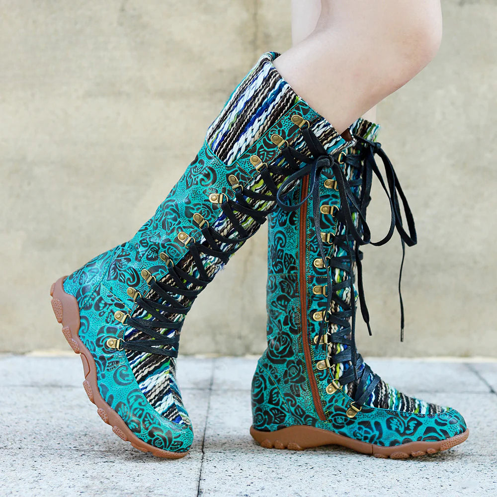 Socofy Genuine Leather Vintage Printed Wool Lace Up Comfortable Flat High Boots