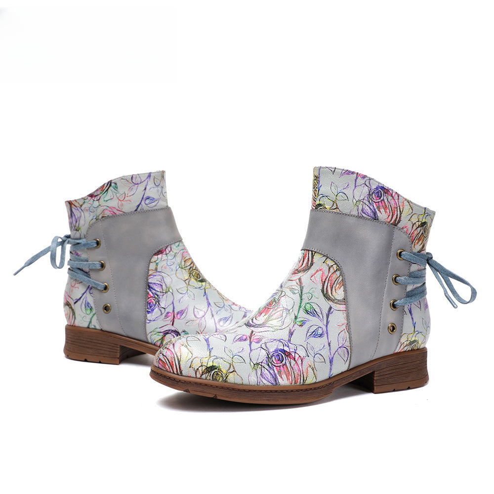 Socofy Vicconfy Retro Leather Blossom Casual Comfort Ankle Boots