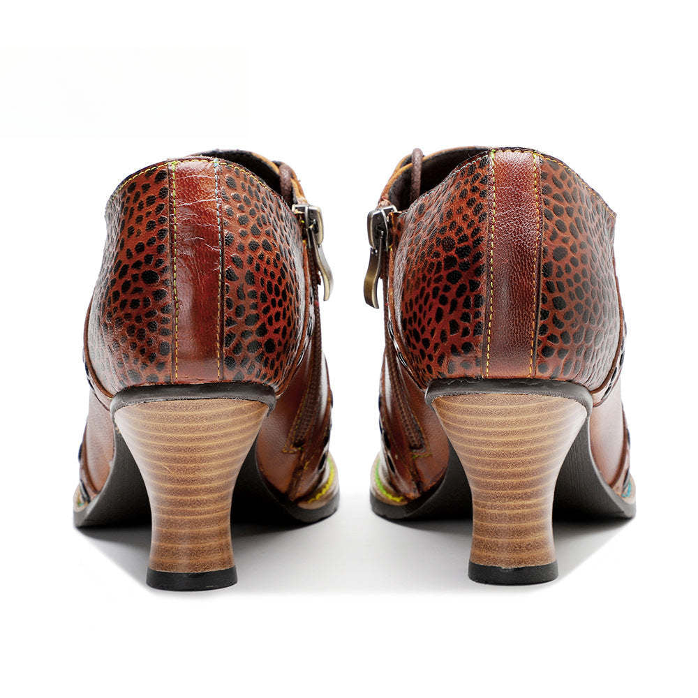 Socofy Leather Leopard Print Lace Up Women's High Heels
