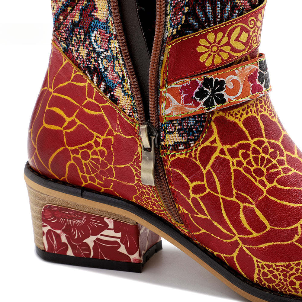 Socofy Leather Vintage Print Chunky Heel Knee Women's Boots