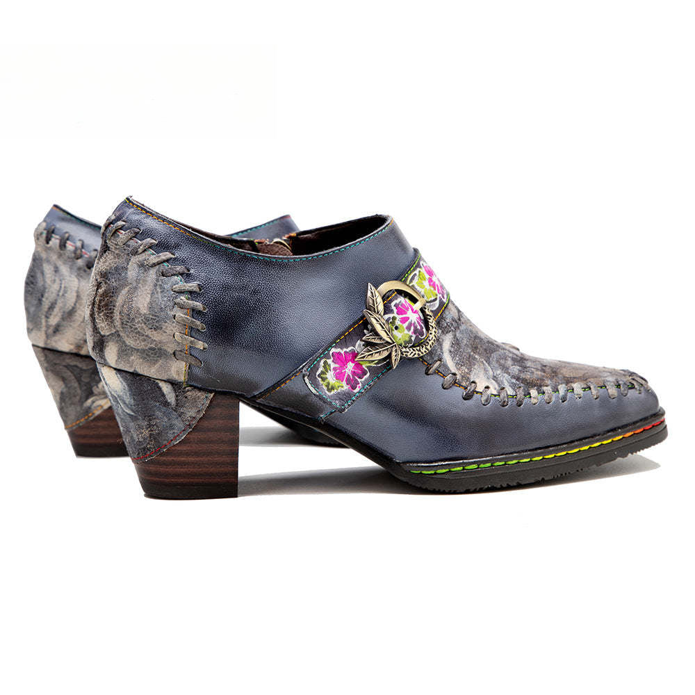 Socofy leather patchwork retro belt buckle chunky heel women's shoes