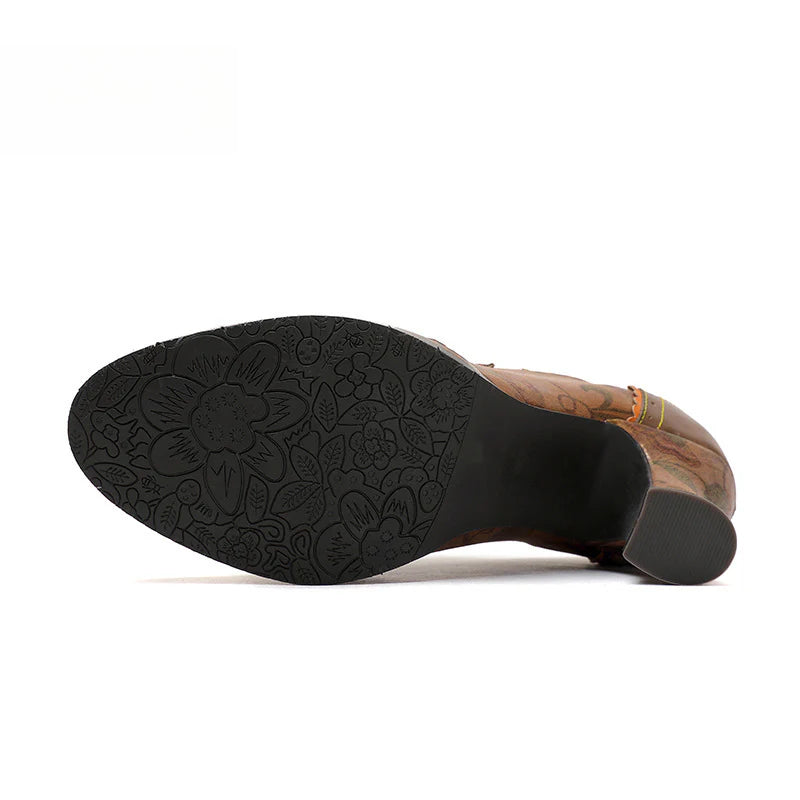Socofy Vicconfy Genuine Leather Ethnic Brown High Heels