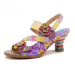 Socofy new summer style genuine leather retro three-dimensional flower rainbow and wine glass sandals for women
