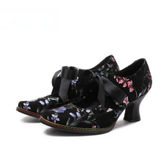 Socofy Flower Antique Style High Heel Round Toe Women's Shoes