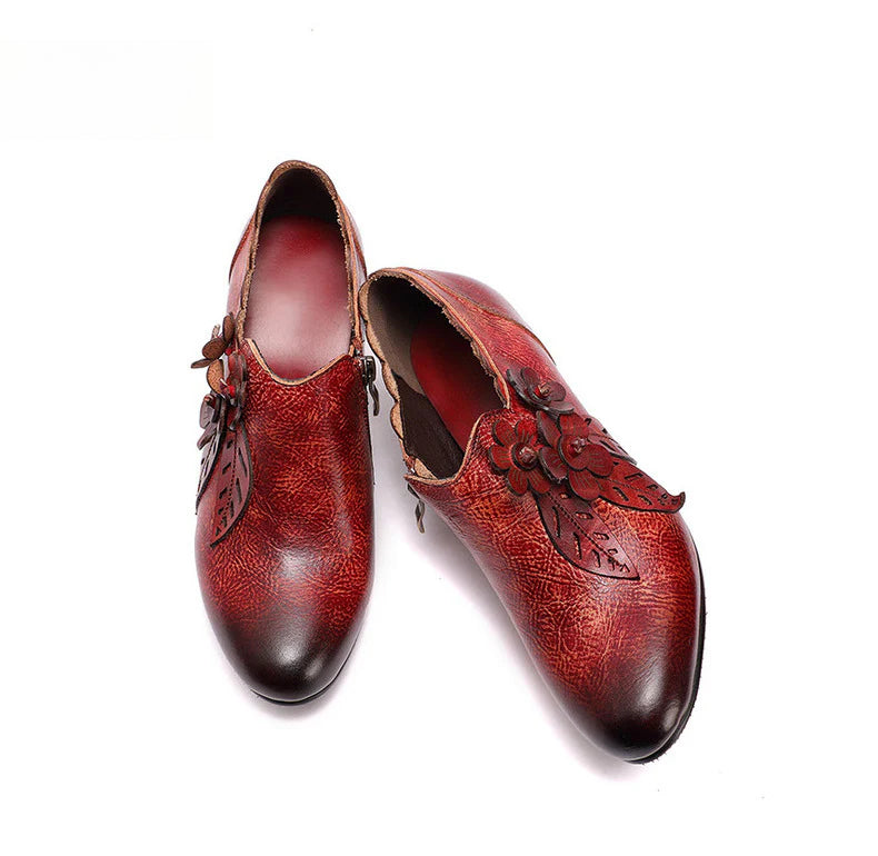 Socofy Genuine Leather Handmade Vintage Fashion Side Zipper High Heels Women's Shoes