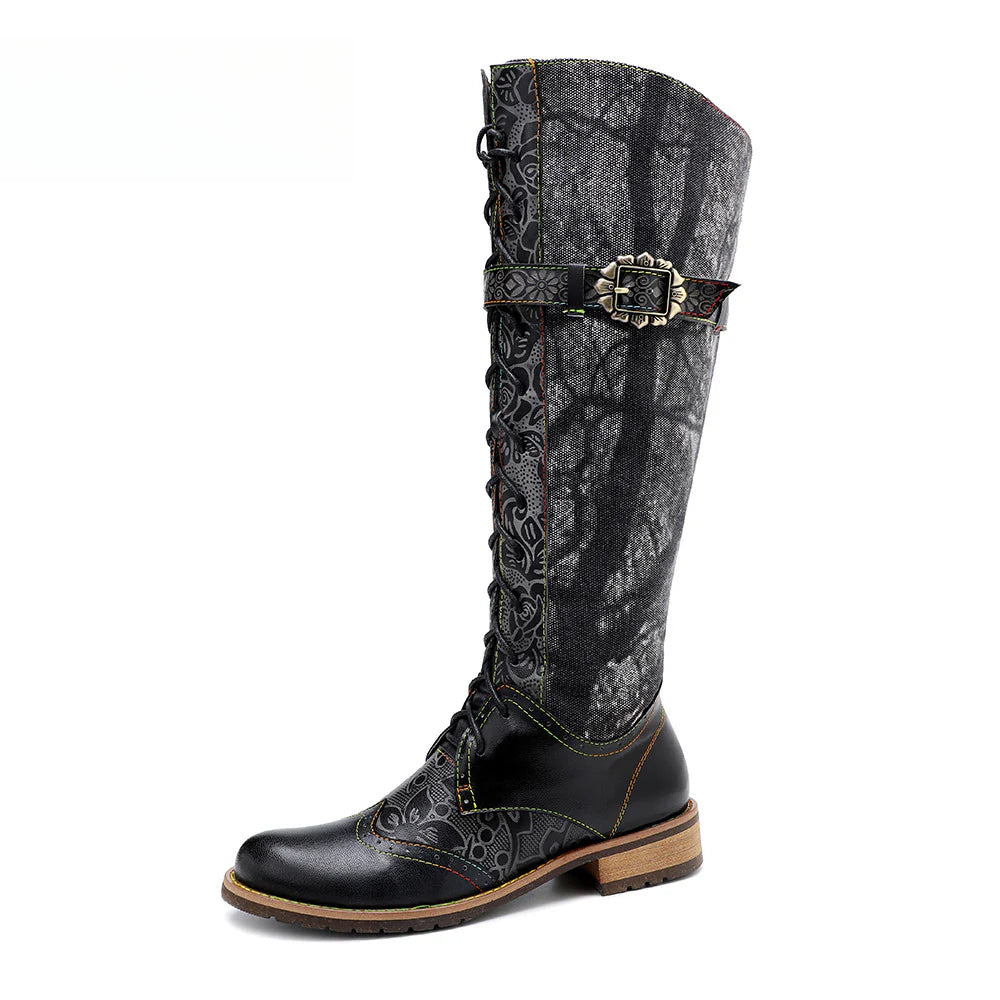 Socofy Vicconfy Genuine Leather Dark Flower Lace Up Flat Boots
