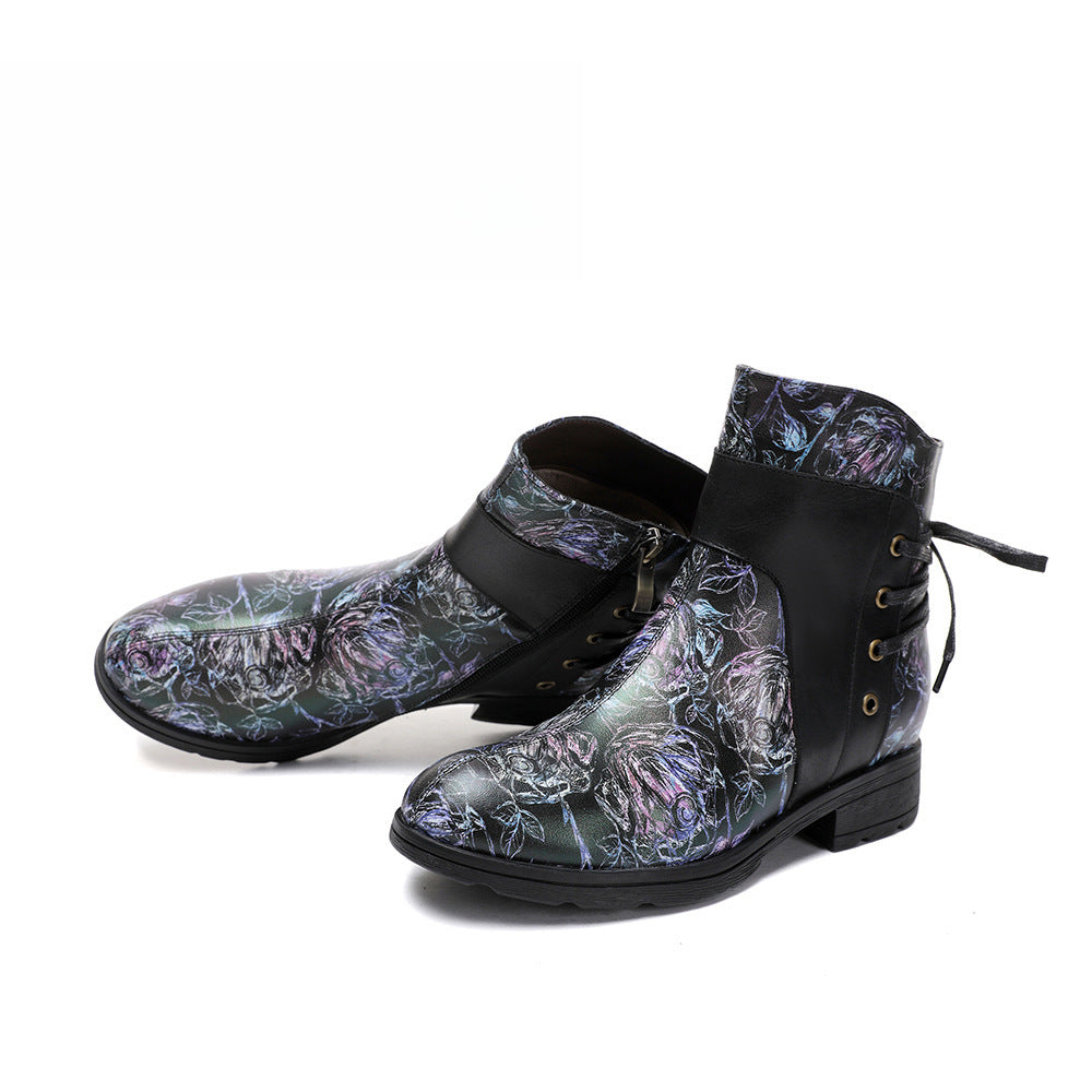 Socofy Vicconfy Retro Leather Blossom Casual Comfort Ankle Boots
