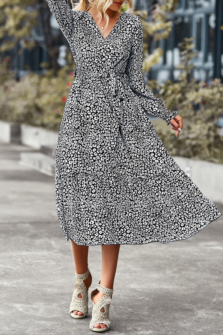 Long Sleeve V Neck Ruffle Belted Boho Dresses
