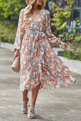V Neck Ruffle Belted A-Line Flowy Dresses
