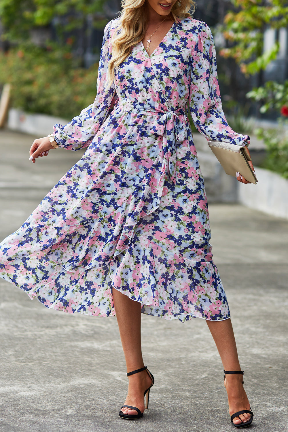 V Neck Ruffle Belted A-Line Flowy Dresses