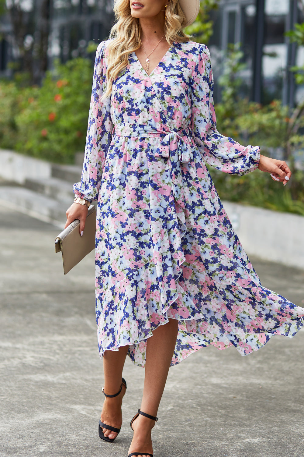 V Neck Ruffle Belted A-Line Flowy Dresses