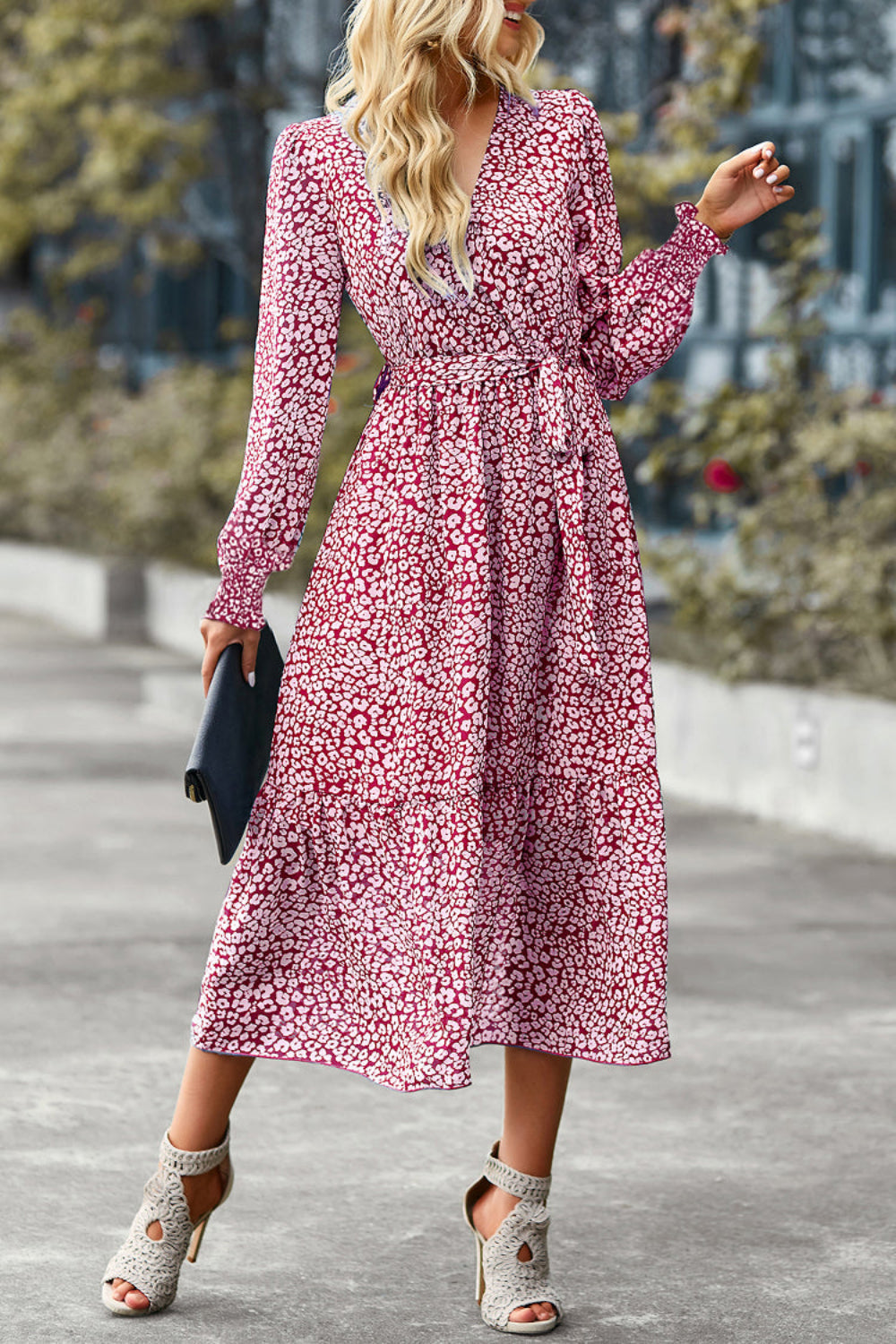 Long Sleeve V Neck Ruffle Belted Boho Dresses