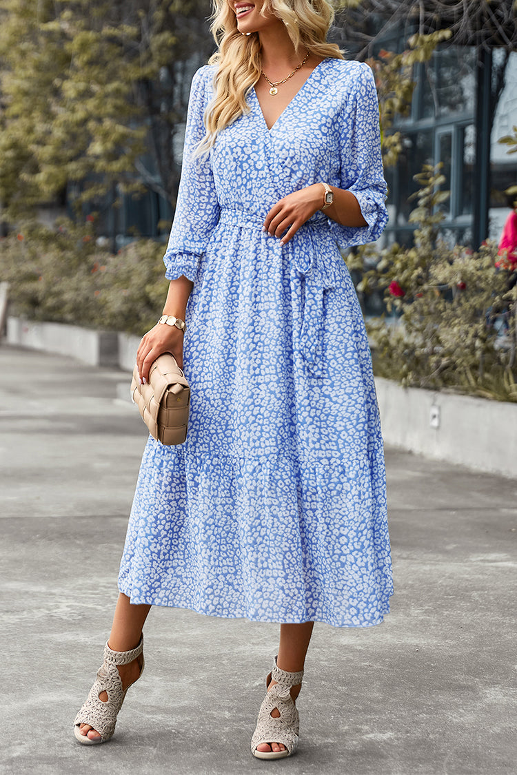 Long Sleeve V Neck Ruffle Belted Boho Dresses