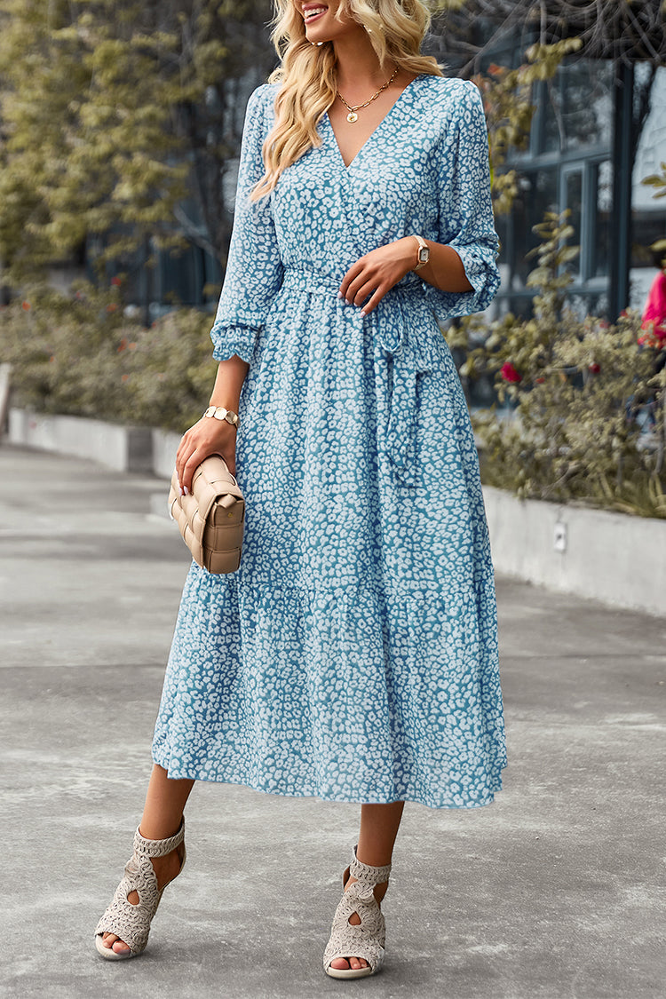 Long Sleeve V Neck Ruffle Belted Boho Dresses