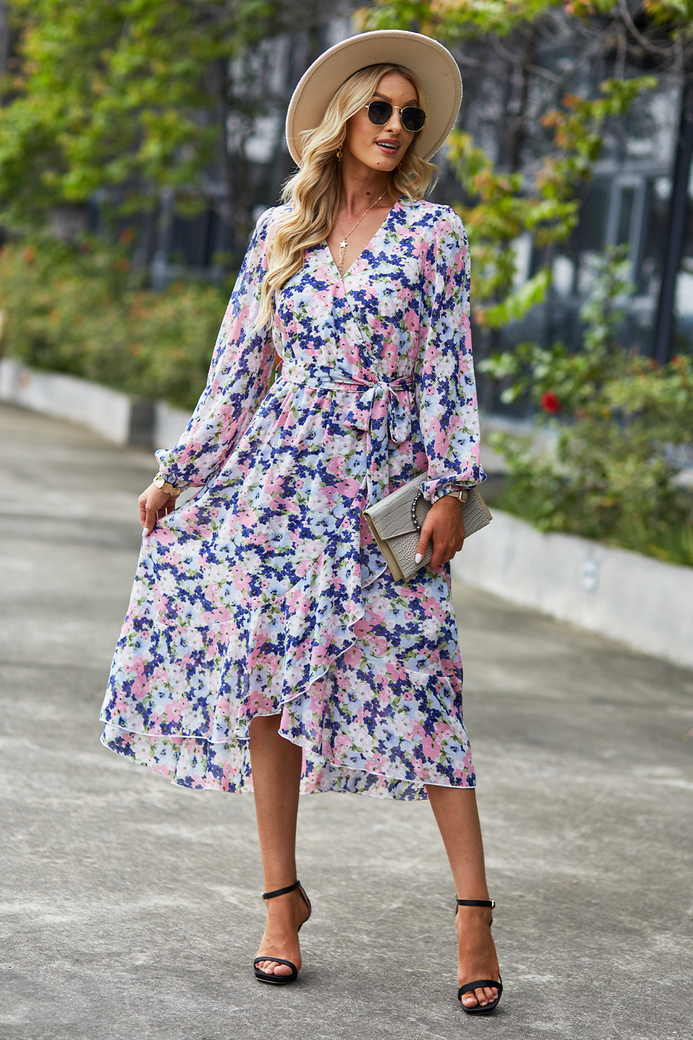 V Neck Ruffle Belted A-Line Flowy Dresses