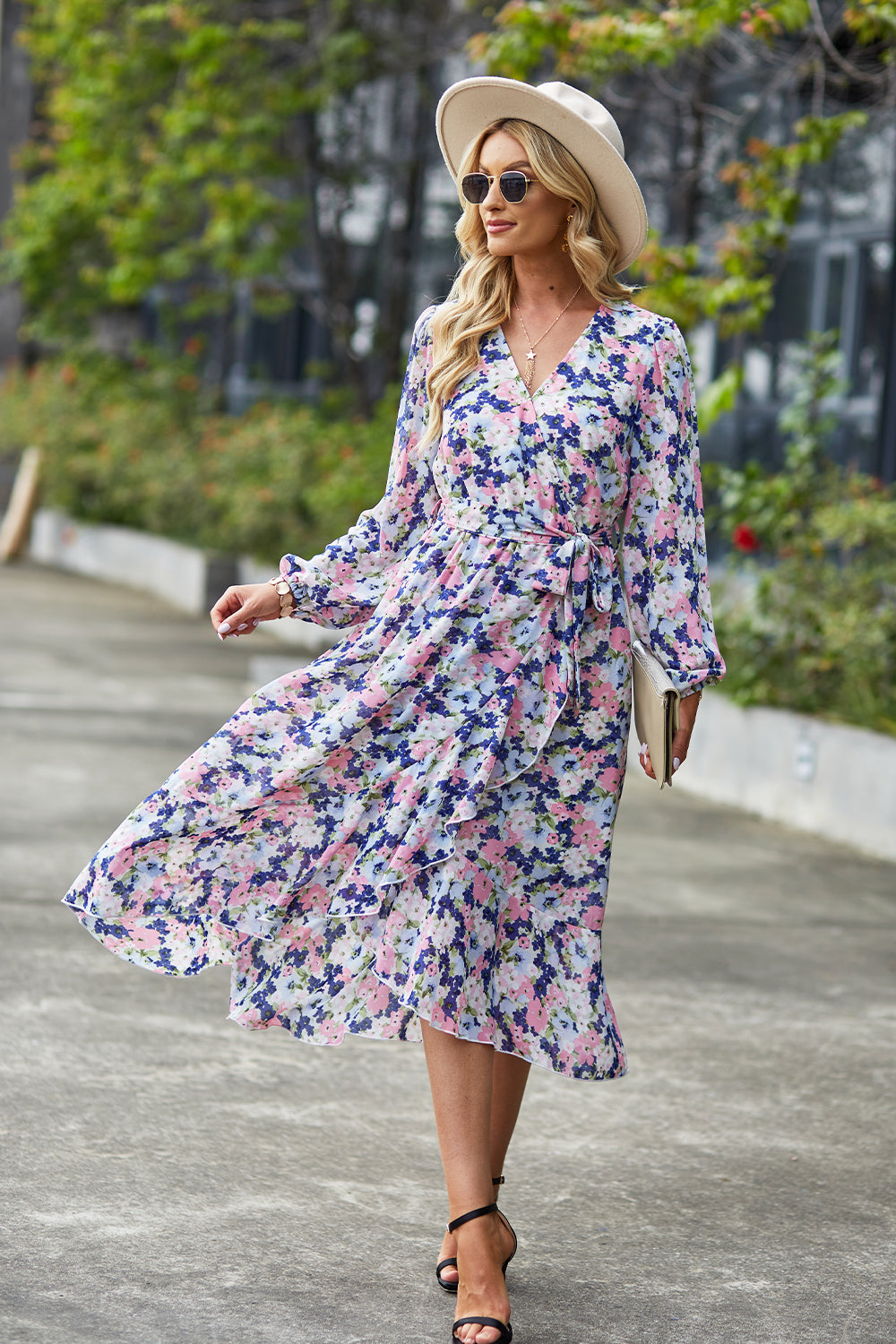 V Neck Ruffle Belted A-Line Flowy Dresses