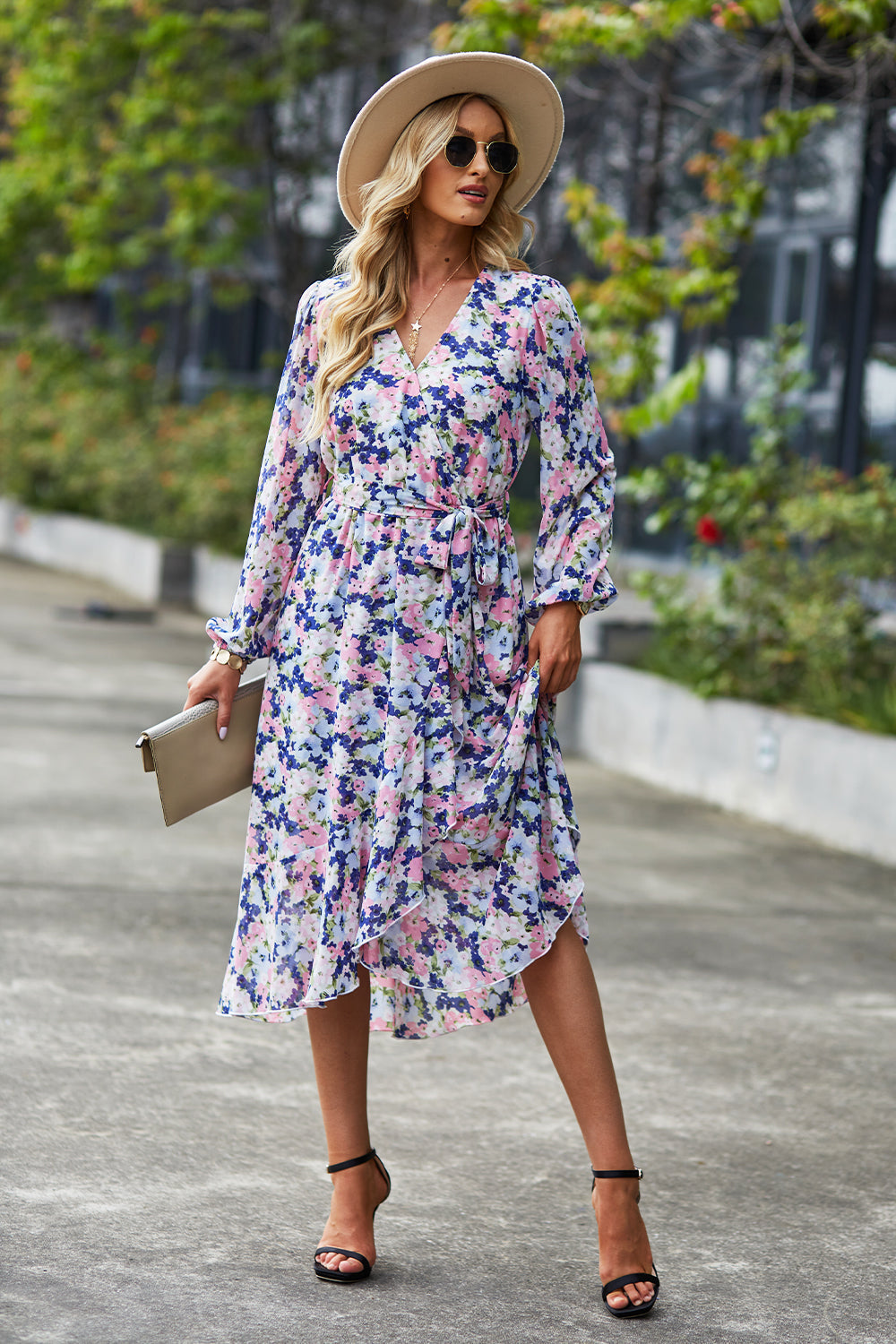 V Neck Ruffle Belted A-Line Flowy Dresses