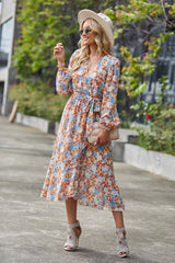 V Neck Ruffle Belted A-Line Flowy Dresses