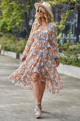 V Neck Ruffle Belted A-Line Flowy Dresses
