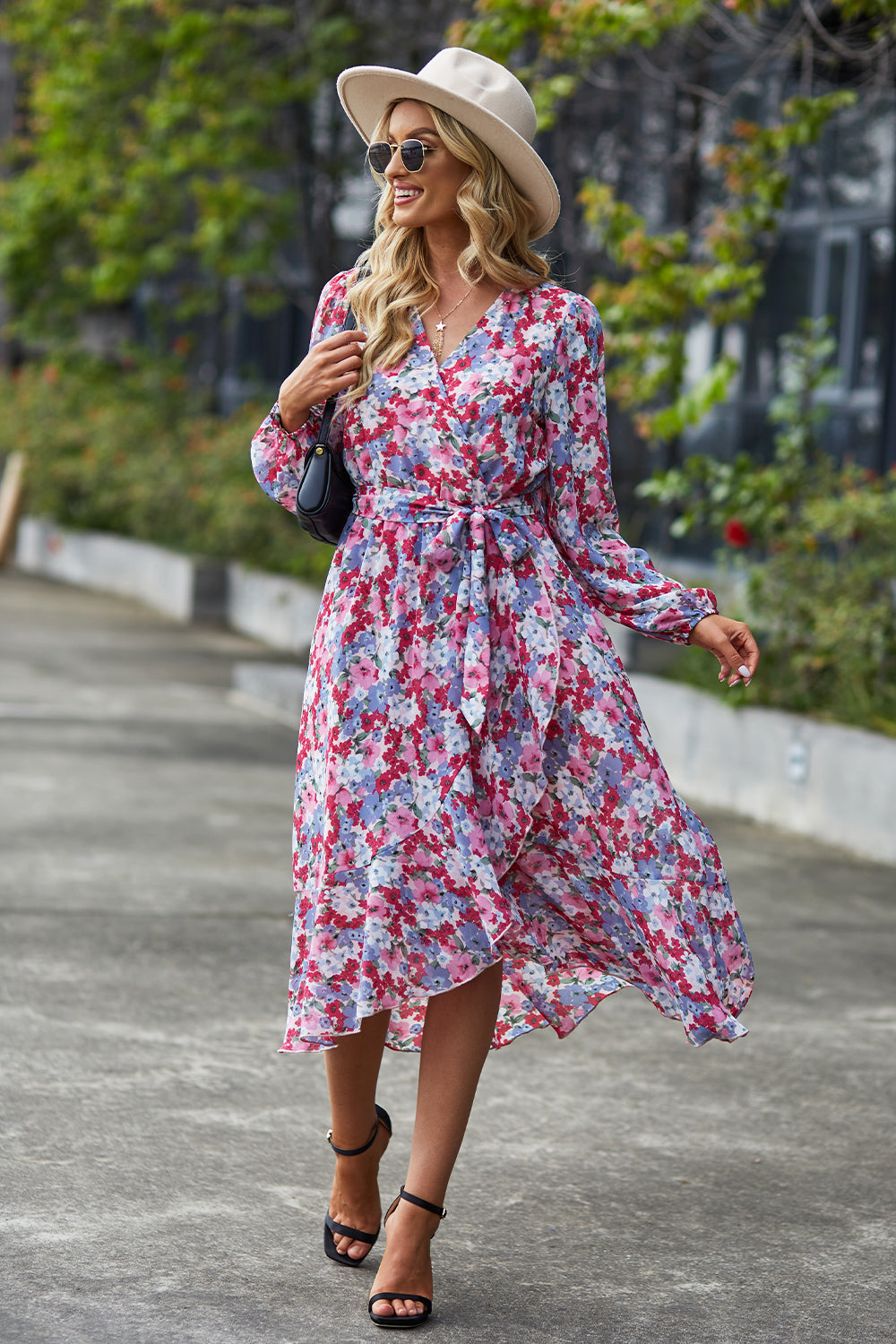 V Neck Ruffle Belted A-Line Flowy Dresses
