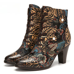 Socofy Vintage Pointed Embroidered Flowers Women's Fashion Boots