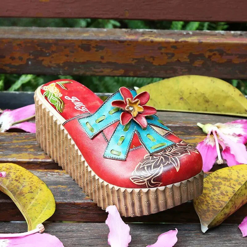 Socofy Genuine Leather Hand-painted Flower Summer Platform Slippers