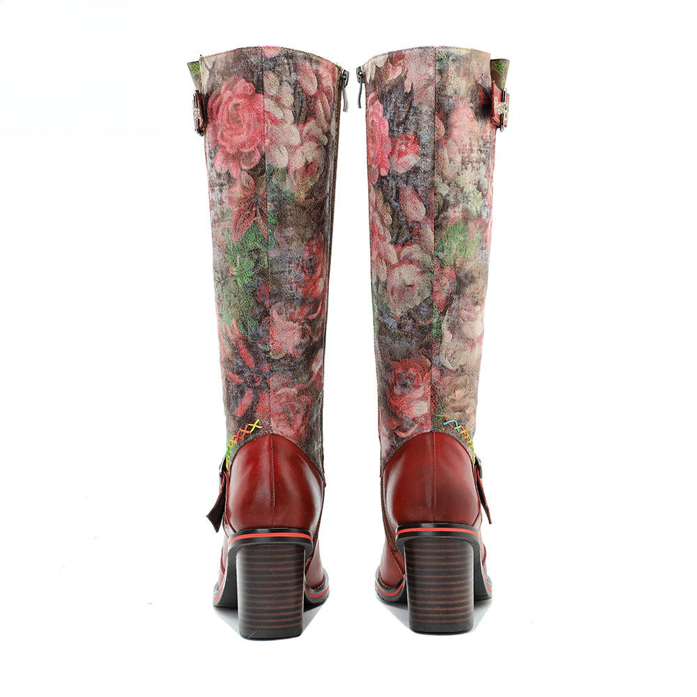 Socofy Vicconfy Handmade Color Rubbed Leather Printed Belt Buckle Chunky Heel Women's Boots