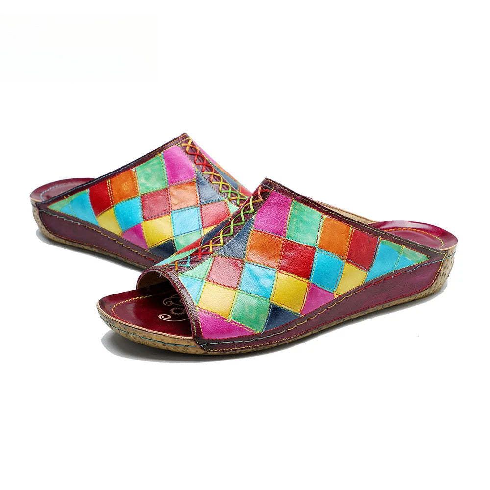 Socofy Genuine Leather Outside Slides Summer New Handmade Retro Contrasting Plaid Comfortable Flat Slippers