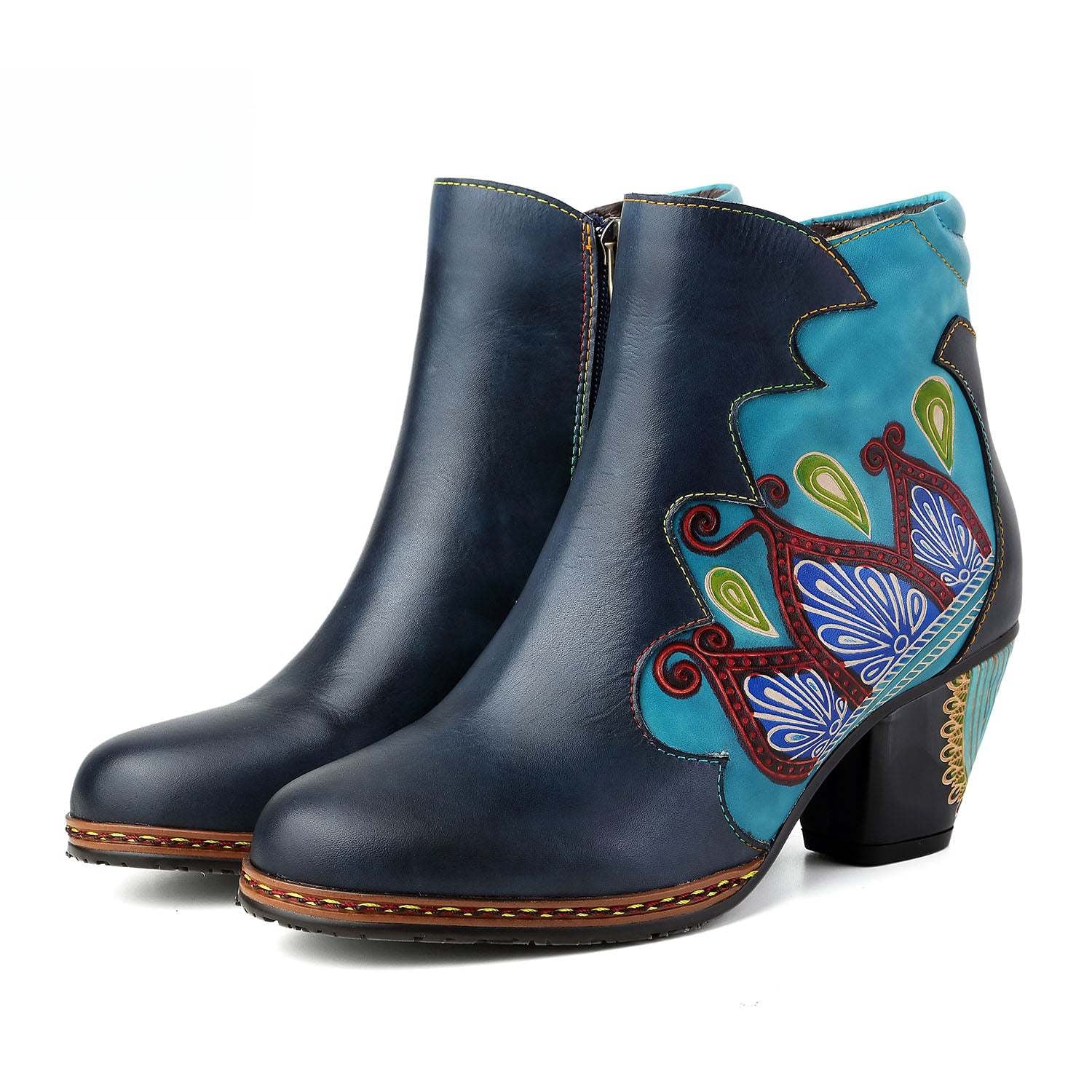 Socofy Vicconfy Retro Pattern Leather Zipper Ankle Boots