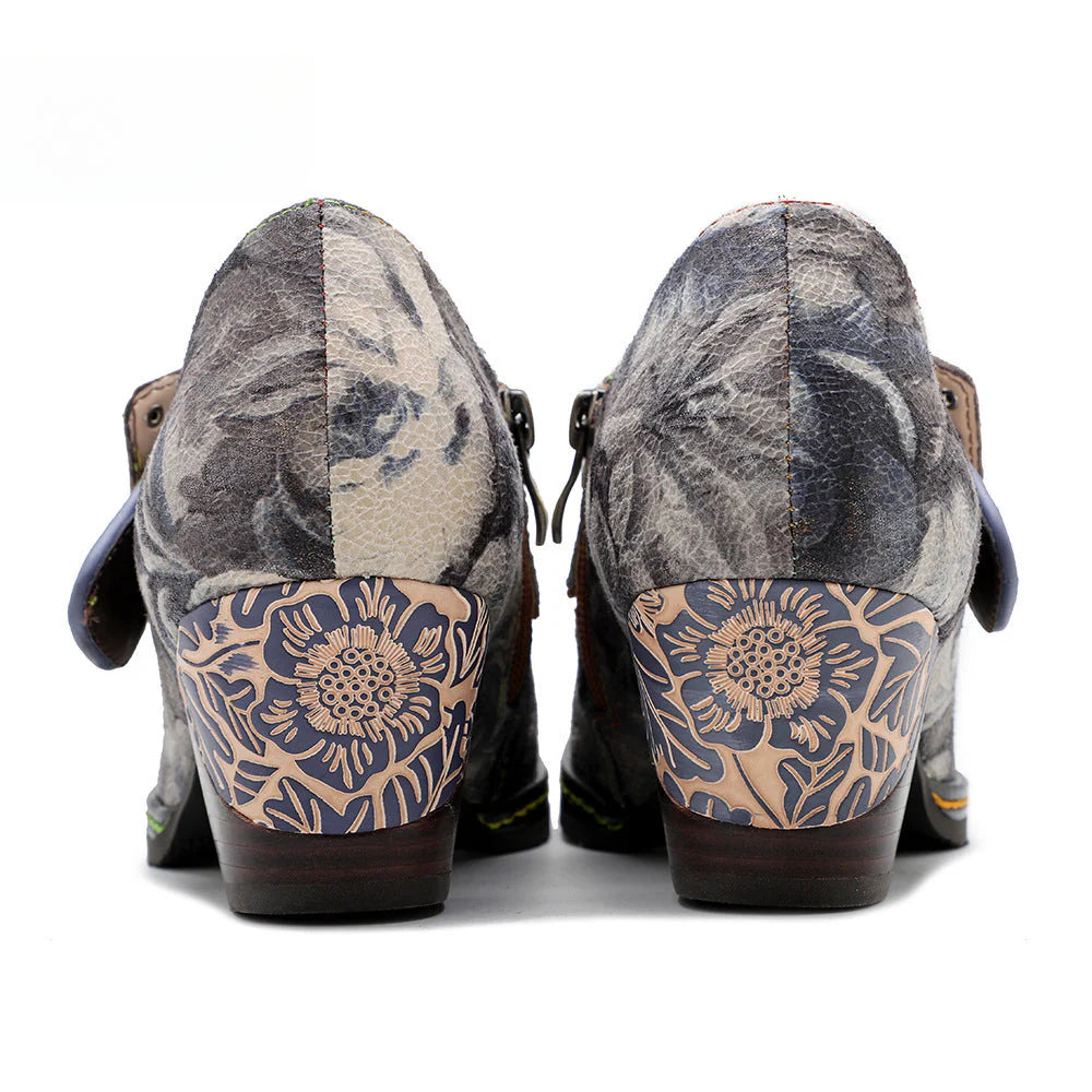 Socofy  Vicconfy Genuine Leather Vintage Style Water Print High Heeled Single Shoes